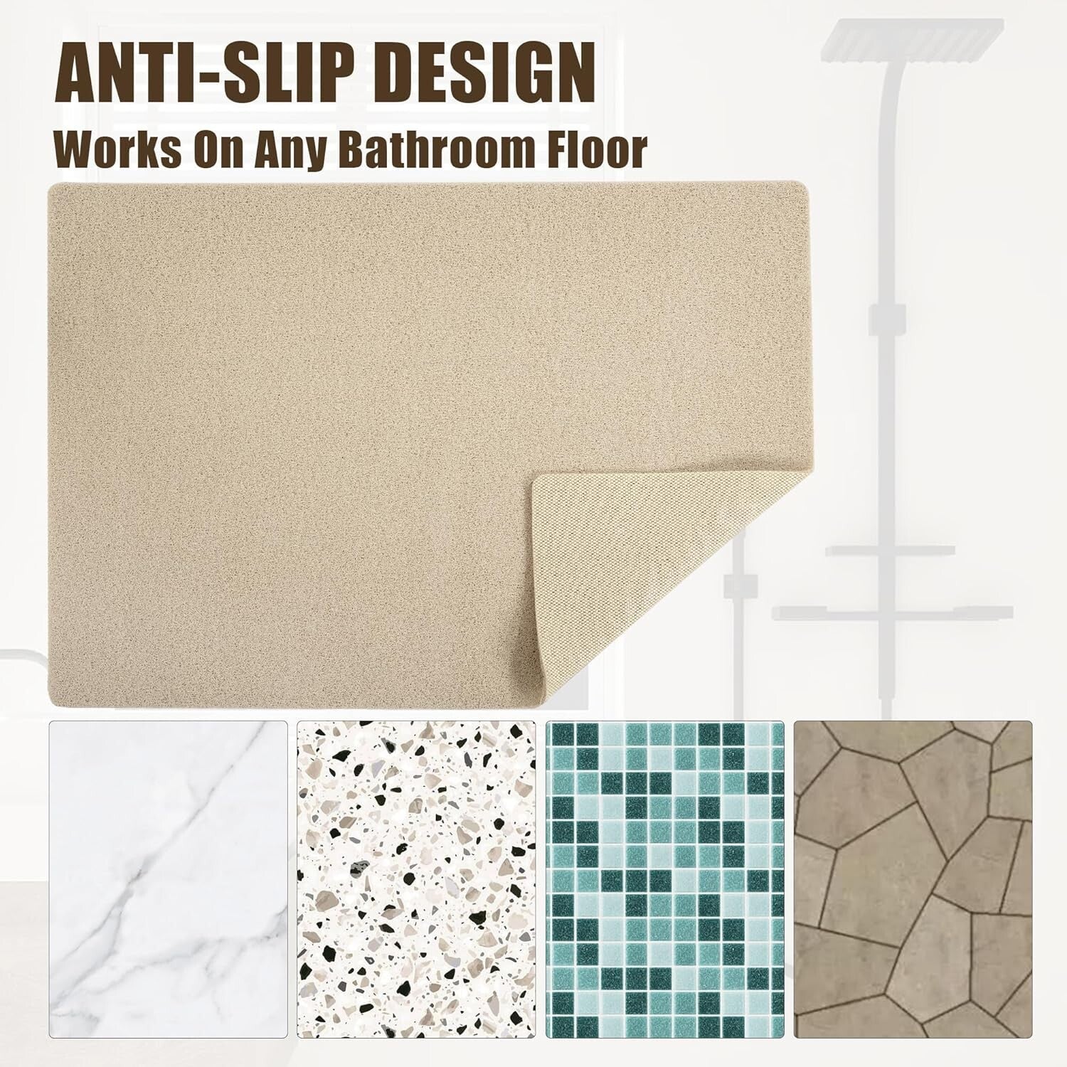 Safety First: 47'' x 32'' Exfoliating Non-Slip Shower Mat - Khaki PVC Design