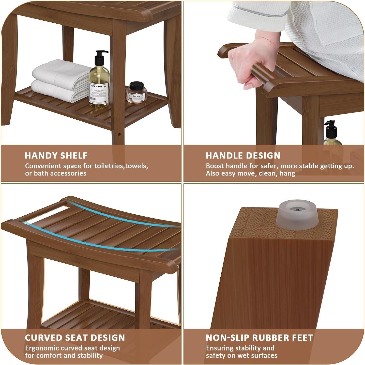 Waterproof Bamboo Shower Stool with Storage Shelf - Elegant Walnut Finish