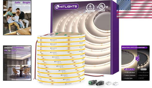 32.8ft Dimmable COB LED Strip Light - 4000K Neutral White, 5120 LEDs & UL Listed