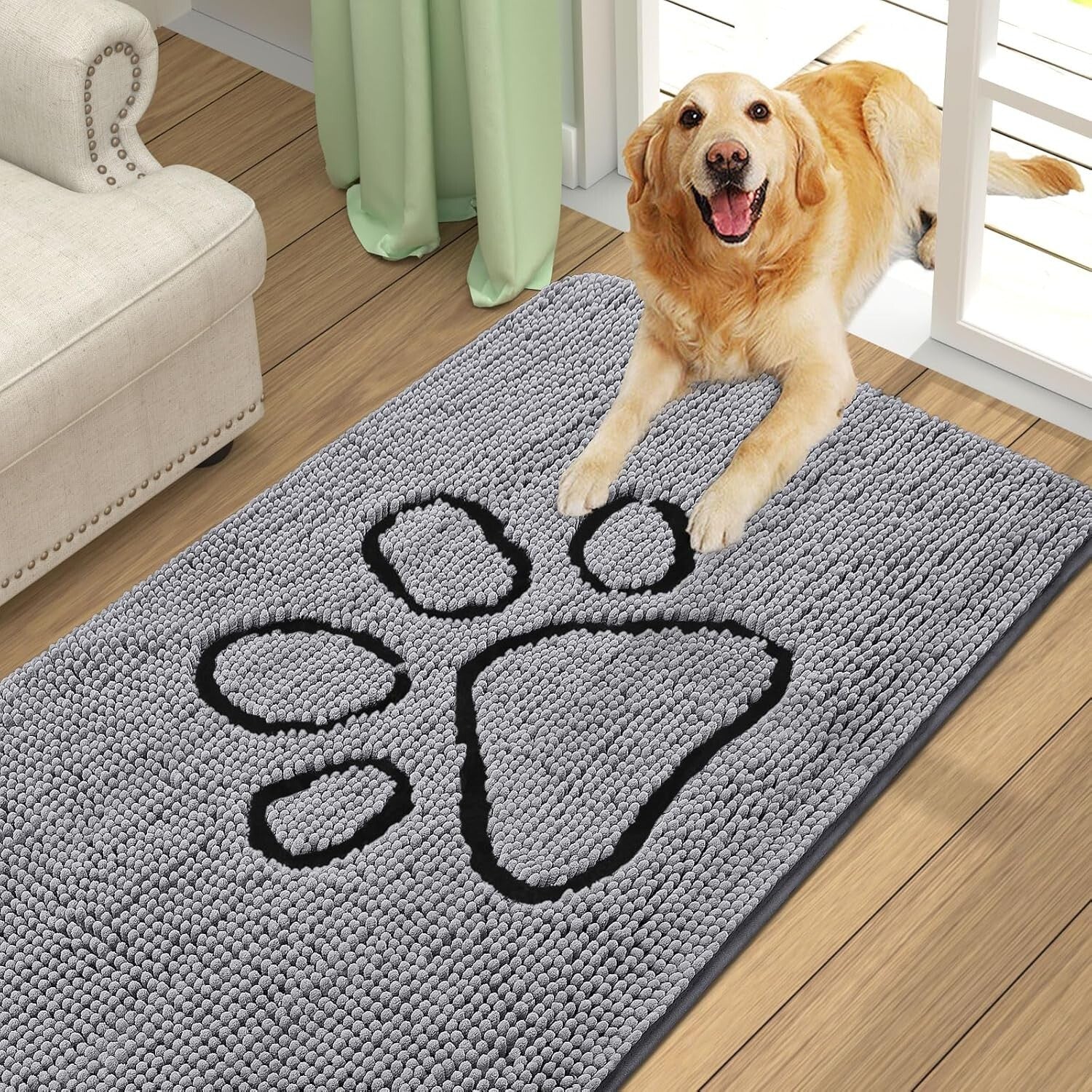 Premium Dog Door Mat 47x24, washable, Eco-Friendly Chenille for All Breed Sizes