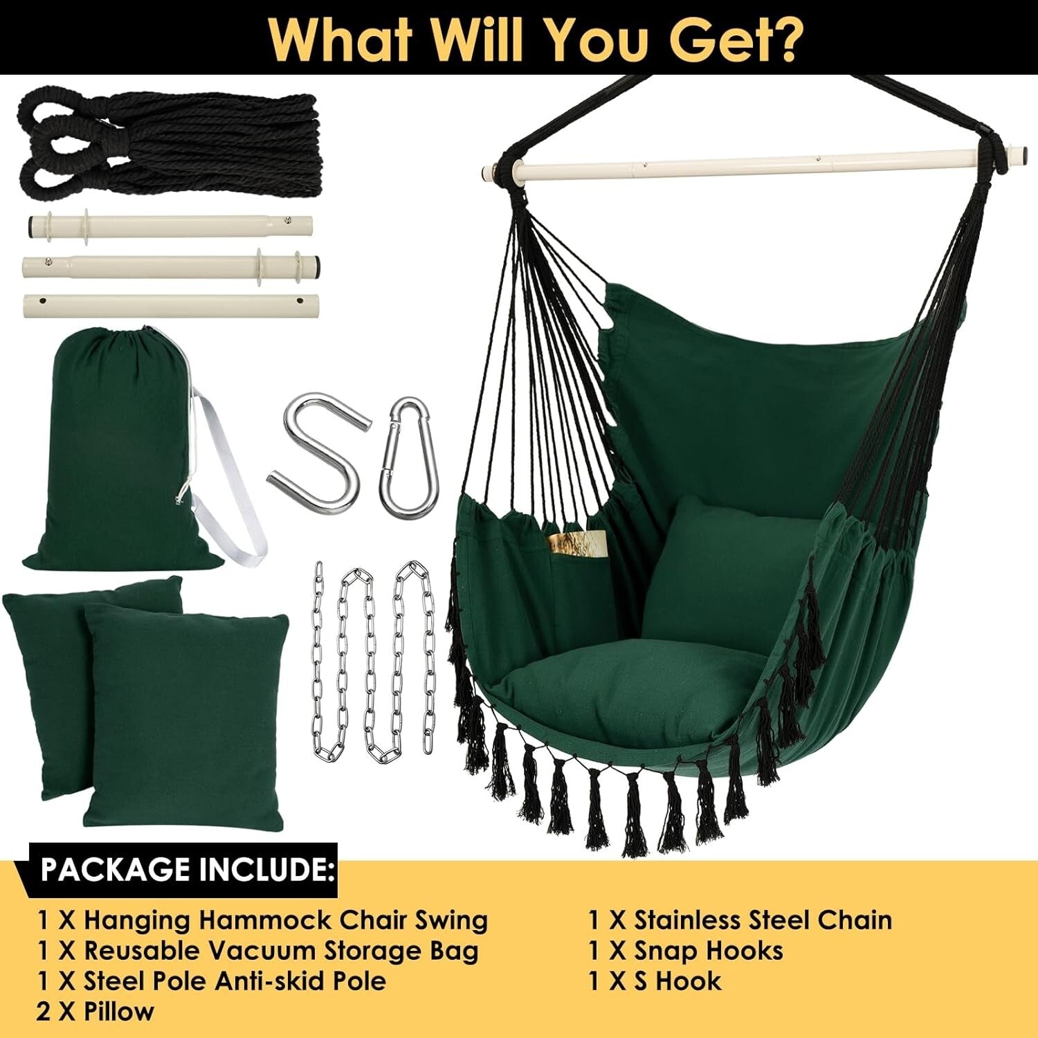 Comfortable Macrame Hanging Chair with Cushions & Side Pocket - Up to 500 lbs