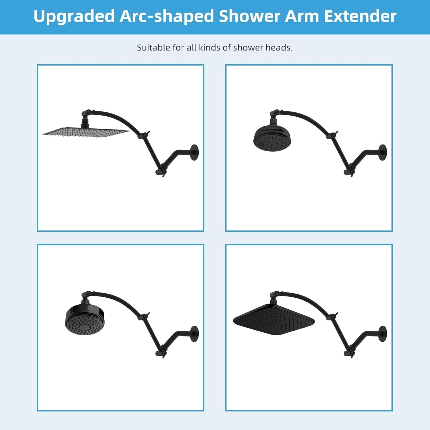 Durable Matte Black 16'' Shower Head Arm - Height Adjustable Brass & Steel Combo