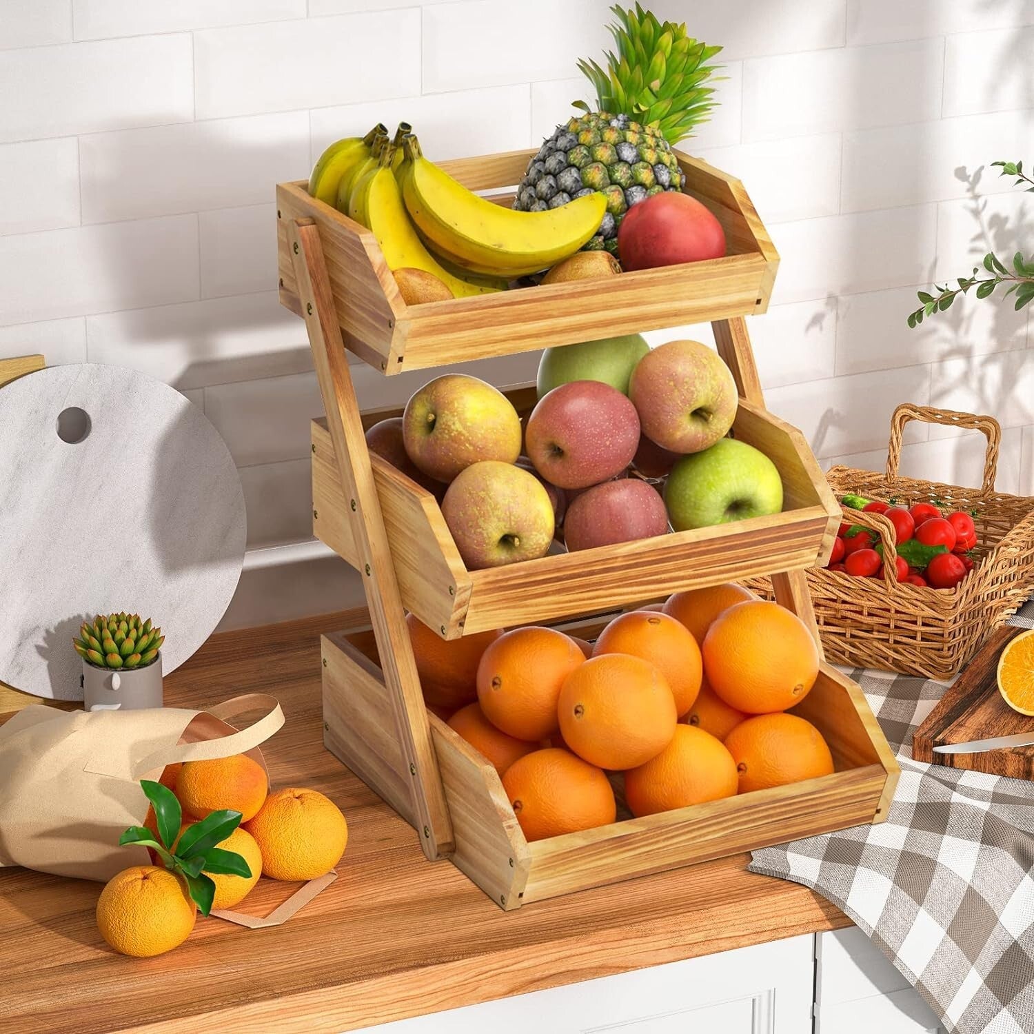 Ample Space 3 Tier Kitchen Fruit and Vegetable Storage Basket in Rustic Brown