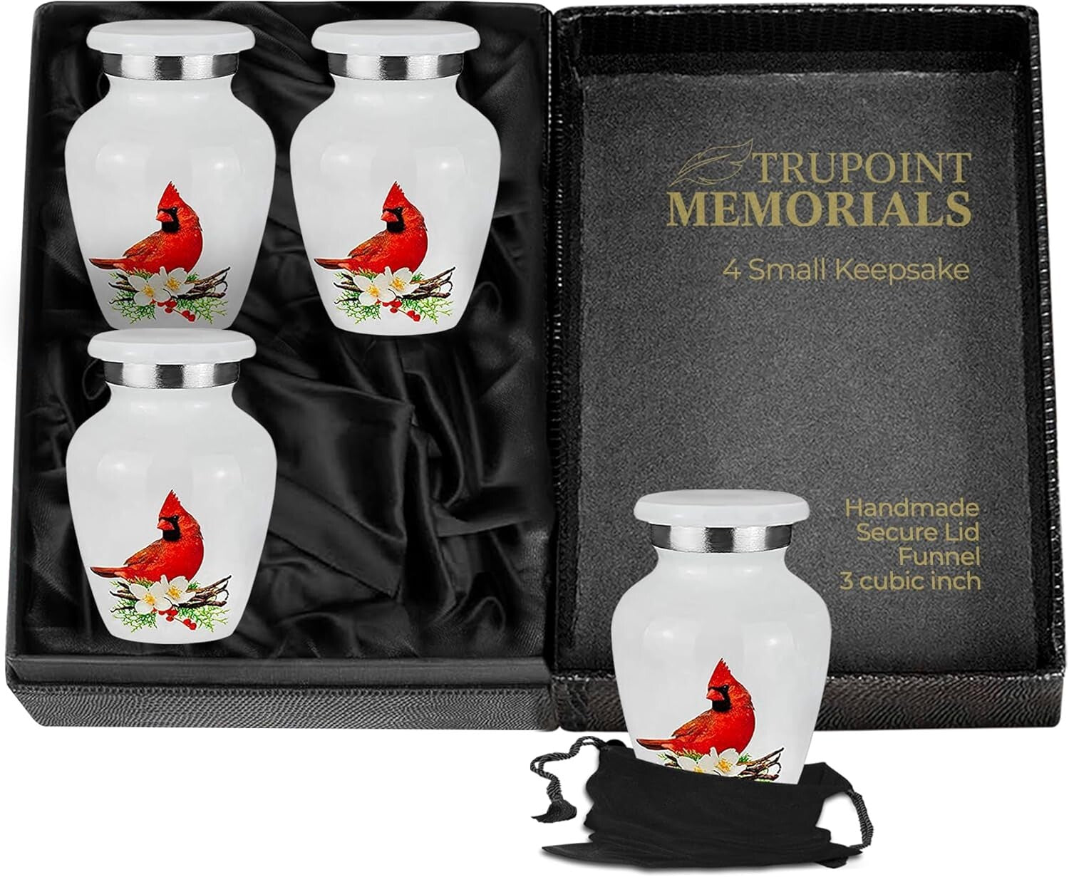 Set of 4 Mini Cremation Urns with Stunning Red Cardinal Design for Keepsakes