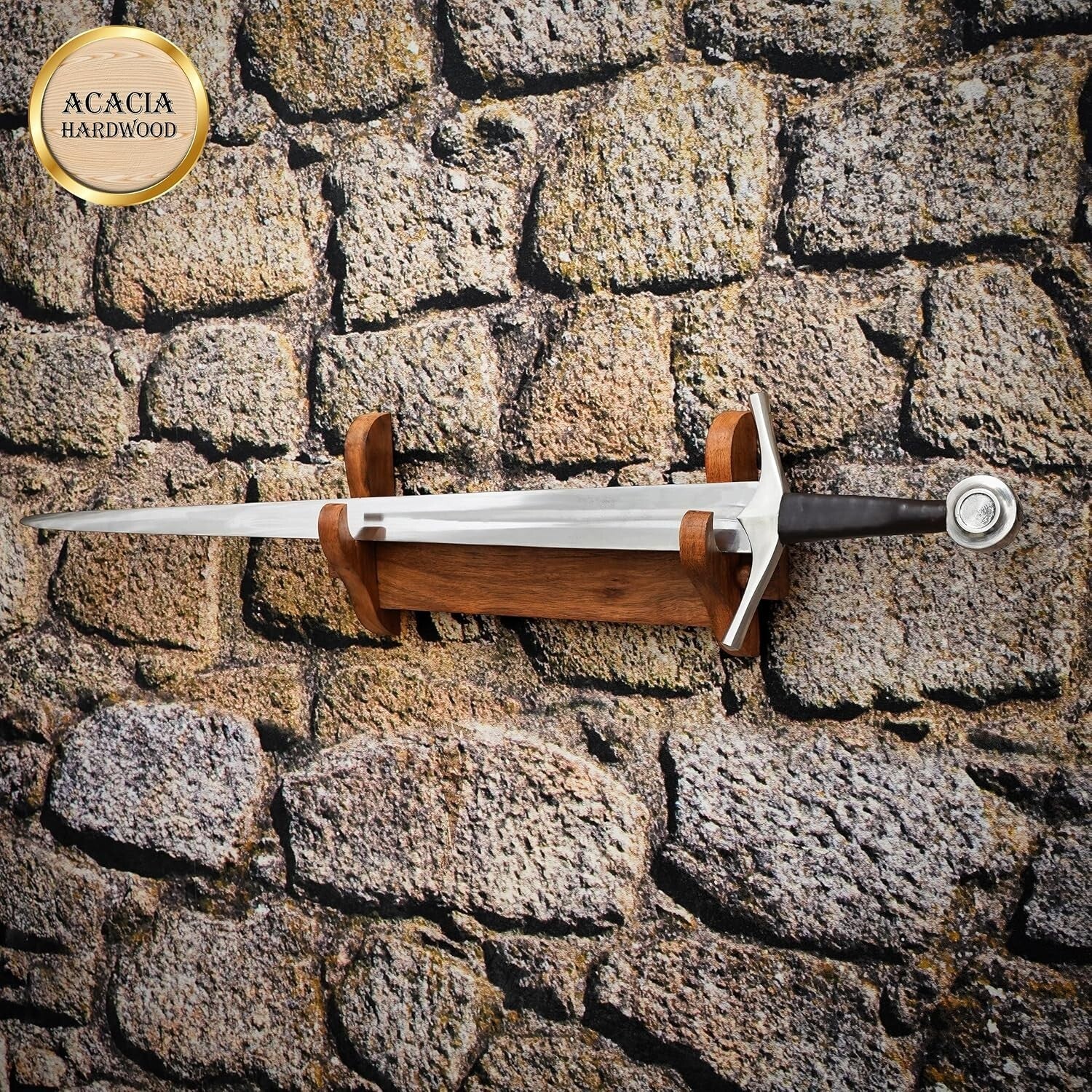 Handcrafted Acacia Wood Sword Display Stand, Wall Mount for Collectors 16" x 7"