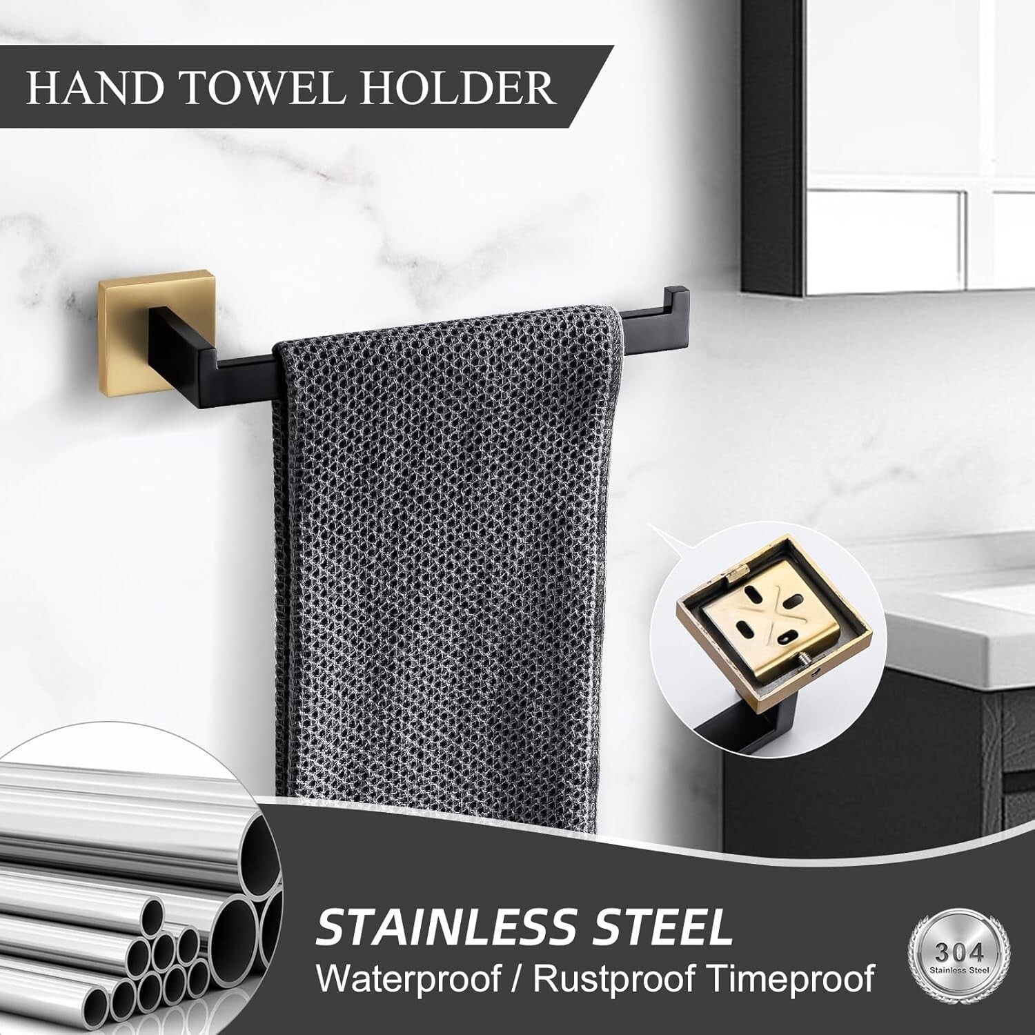 4-Piece Black & Gold Stainless Steel Bathroom Hardware Set - Elegant Style