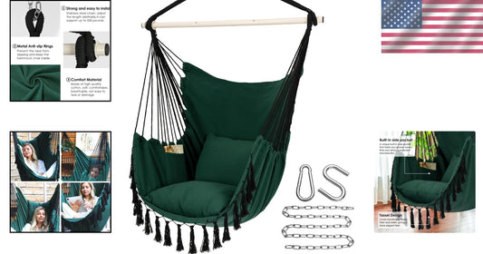 Comfortable Macrame Hanging Chair with Cushions & Side Pocket - Up to 500 lbs