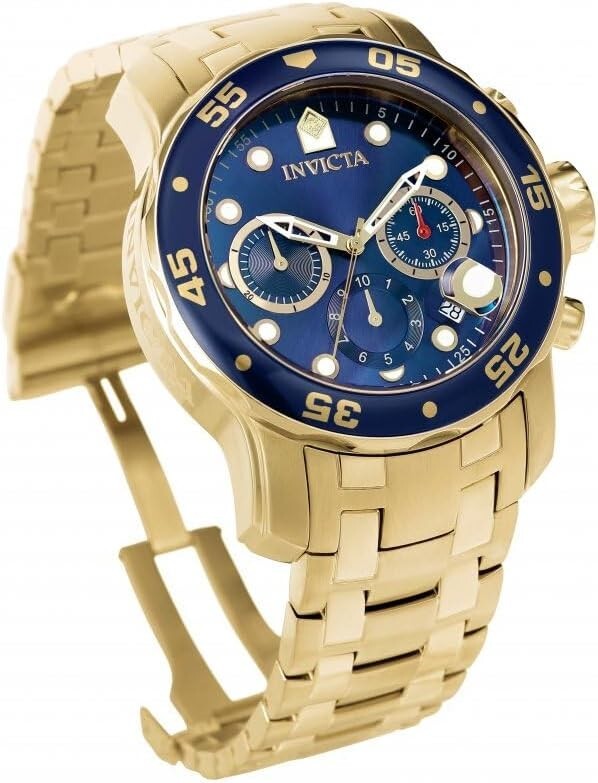 200m Water Resistant Diver's Chronograph Watch with Blue Dial & Gold Tone Band