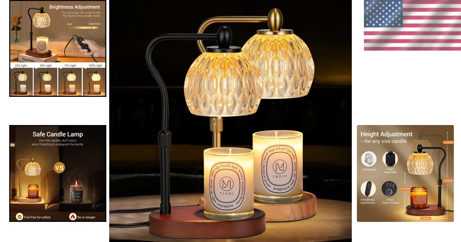 Elegant Set of 2 Adjustable Candle Warmers with Timer & Dimmer - Gold + Black