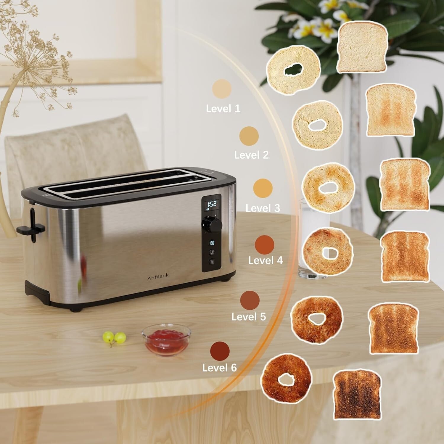 Elegant 4-Slice Toaster with 1.5" Slots & 6 Browning Settings – Ideal for Bagels