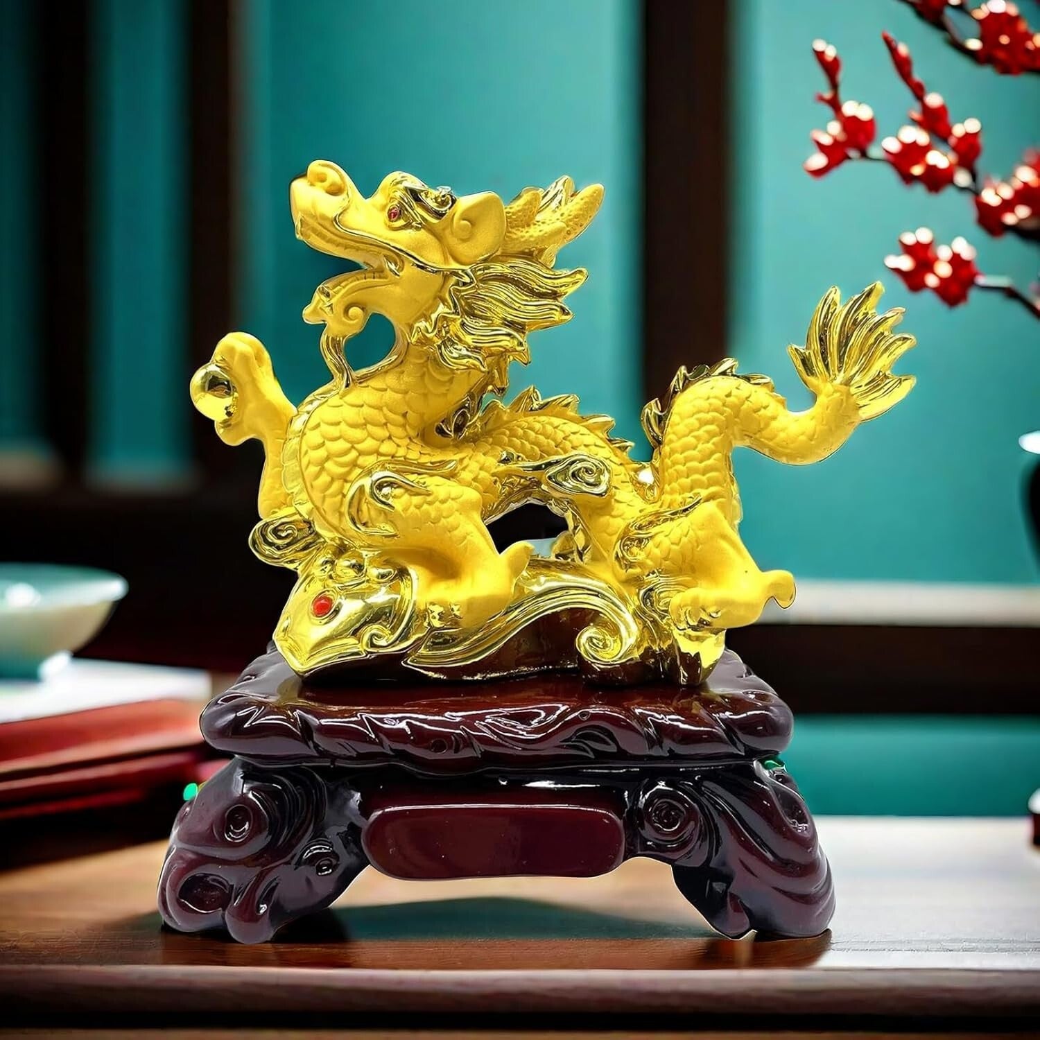 Gold Feng Shui Dragon Statue | 7.7 x 4 x 8 in | Good Luck Decor at Home & Office