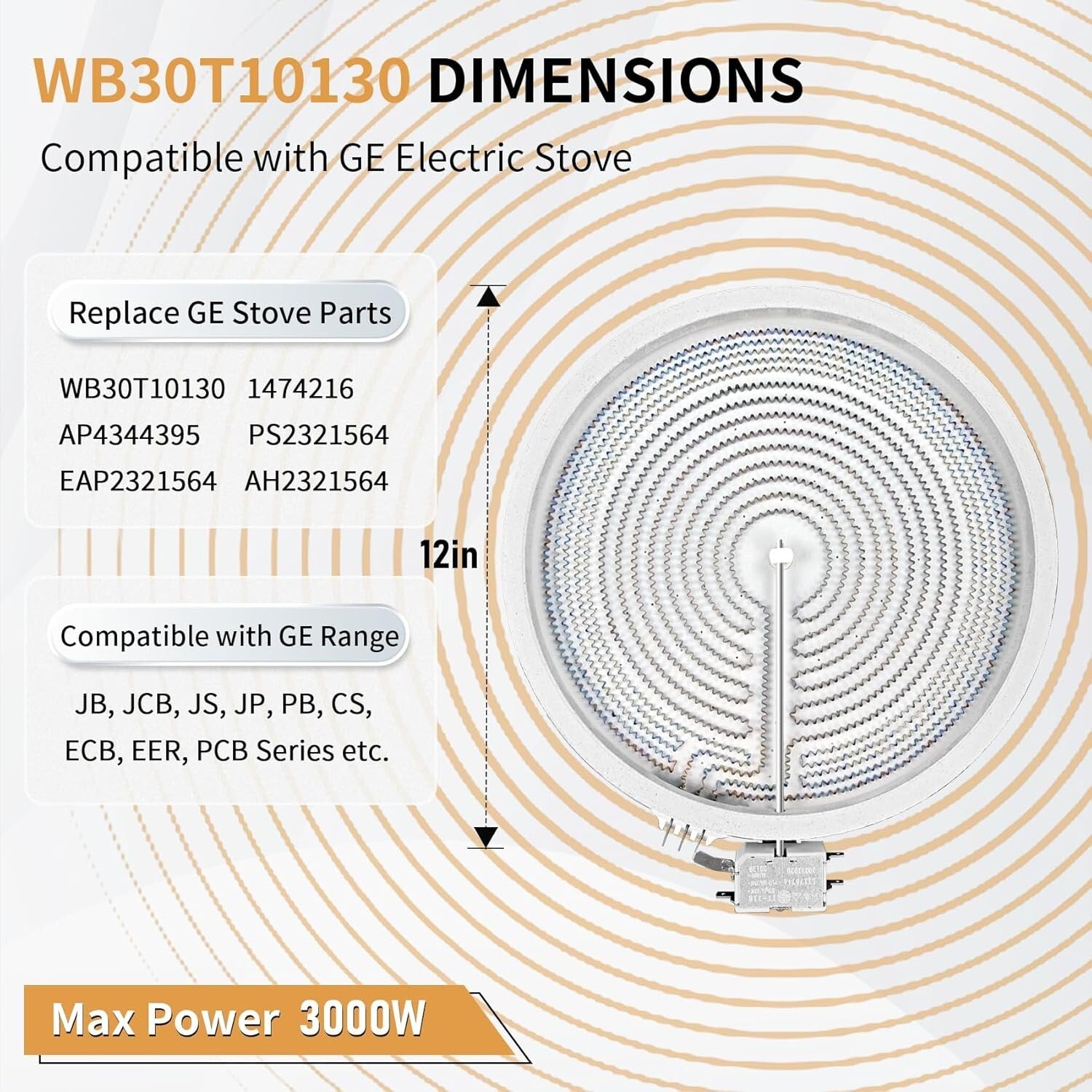 12-Inch Polished Dual Radiant Burner for GE Stove - Easy Installation Included