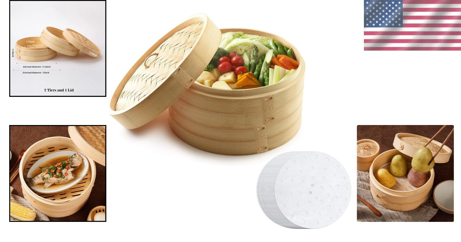12-Inch Bamboo Steamer Set with 100 Parchment Liners for Healthy Cooking
