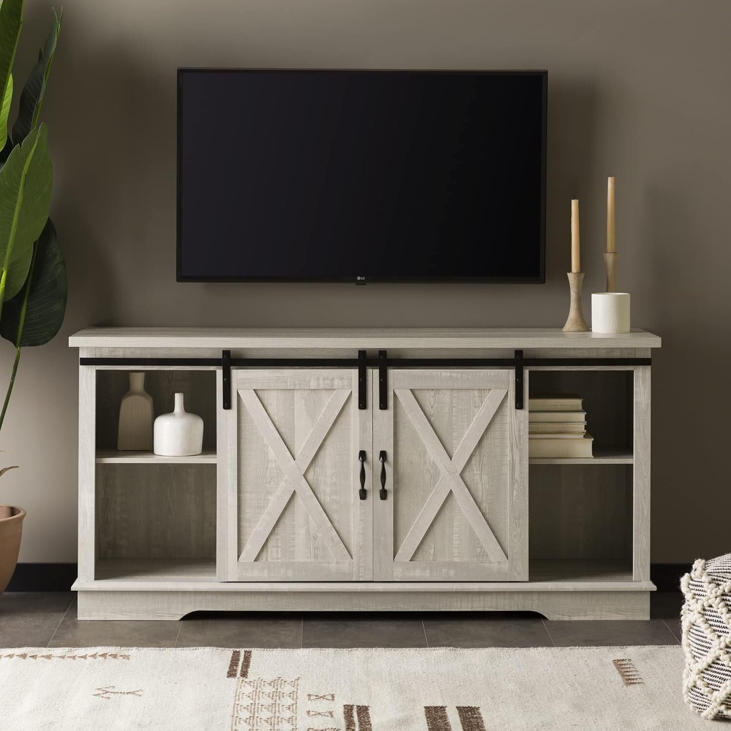 Charming 58-Inch Stone Grey TV Stand with Sliding Doors and 3 Adjustable Shelves