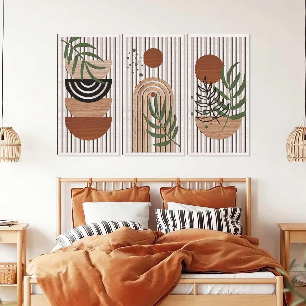 Mid Century Modern Hollow Wooden Wall Art Set - Sun, Moon, Plant Decor (32"x16")