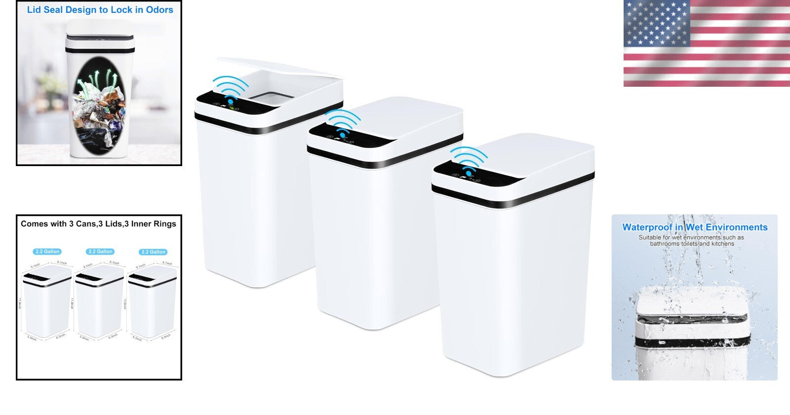 Sleek Touchless Trash Can 2.2 Gallon - Quiet, Leakproof & Stylish 3 Pack