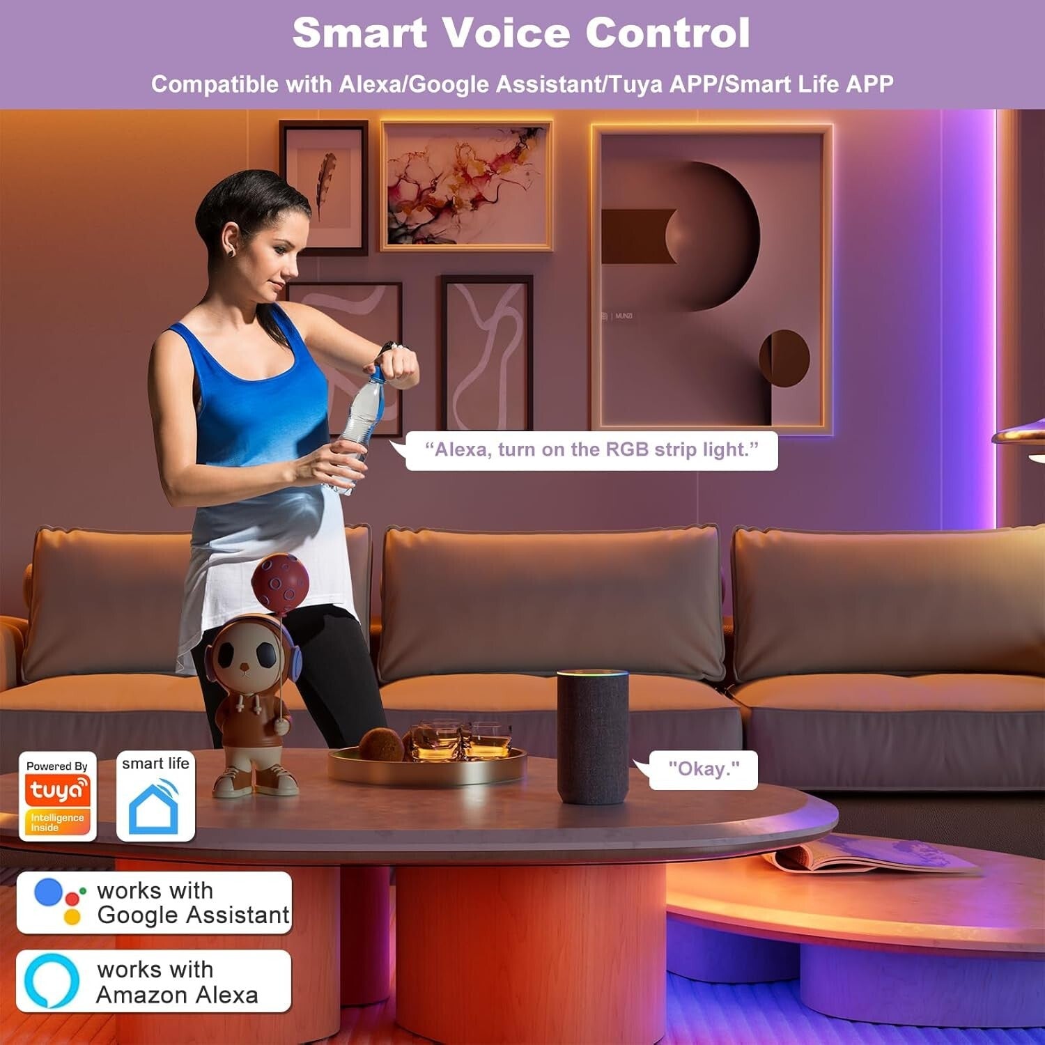 20ft RGB COB LED Strip Light - Voice Controlled, Dimmable, Smart Home Compatible