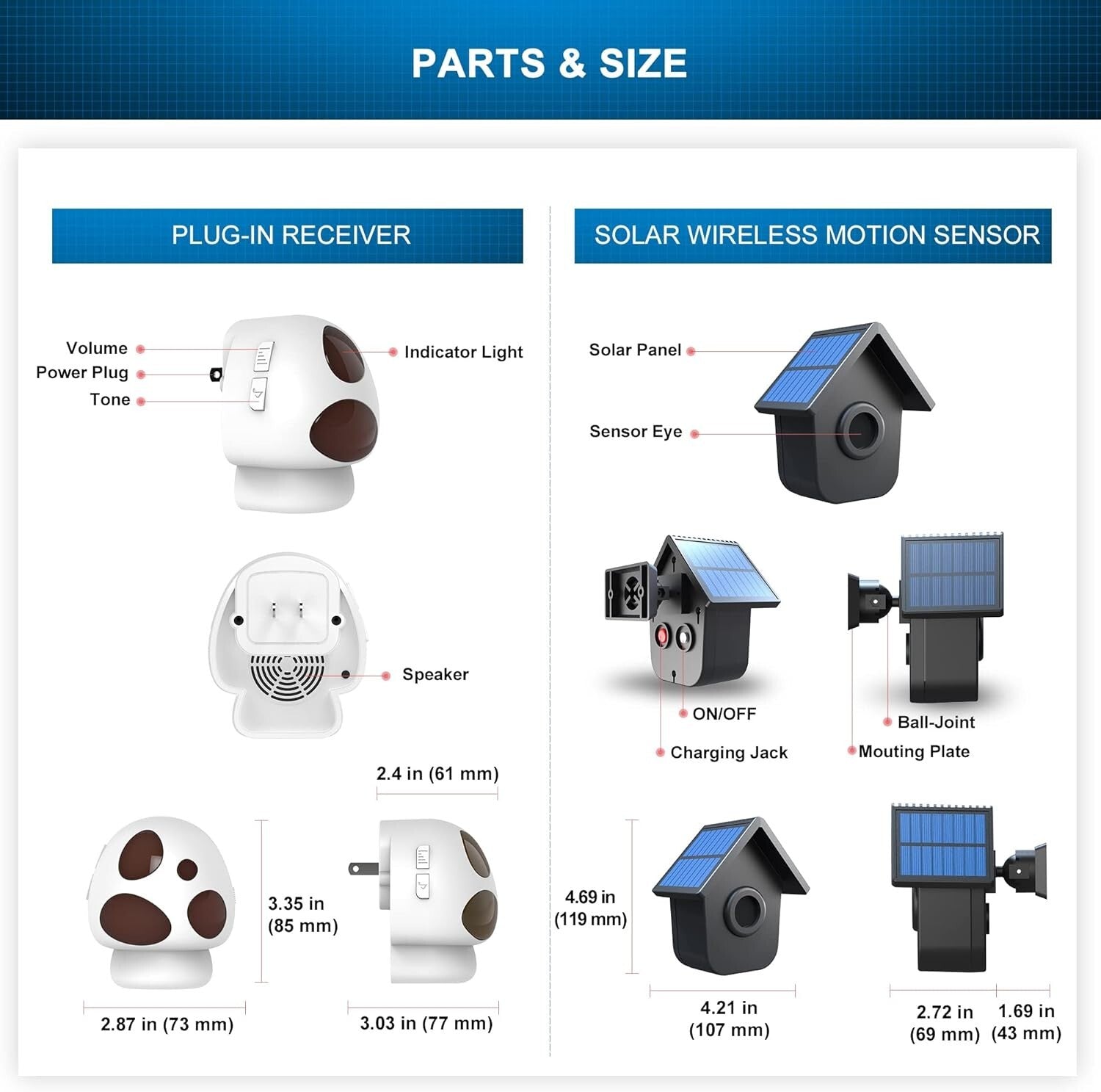 Weatherproof Solar Motion Sensor Alarm with Portable Receiver - 1/2 Mile Range