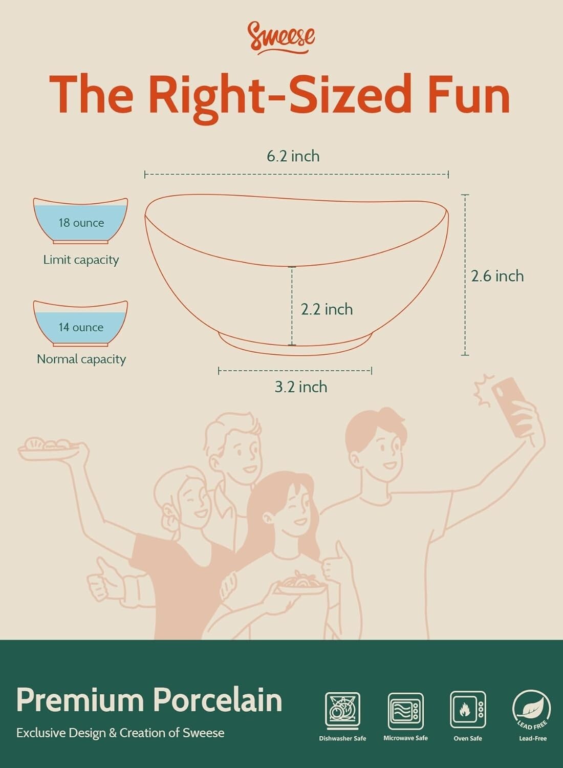 Elegant 6-Piece Porcelain Bowls, 18 oz - Microwave & Dishwasher Safe