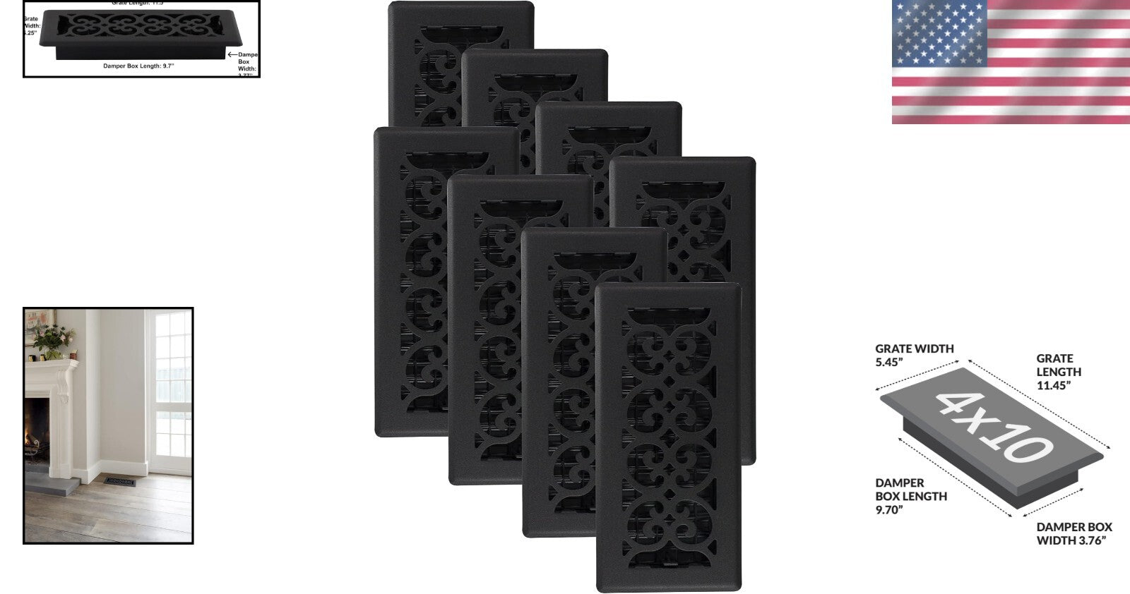 Elegant 4x10 Inch Scroll Floor Register, 8 Pack - Durable Plastic & Steel Design