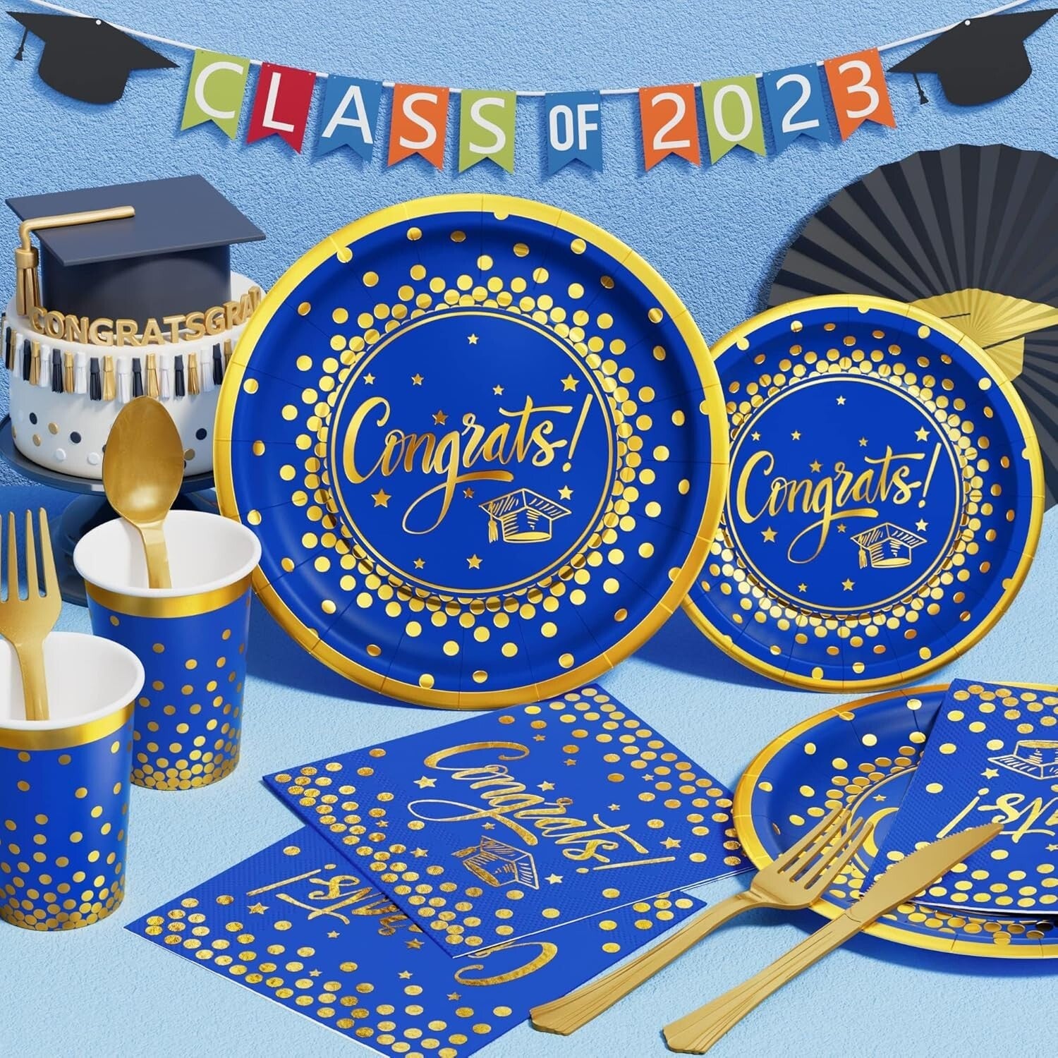 2025 Graduation Party Supplies - 245 PCS Blue & Gold Complete Decoration Kit