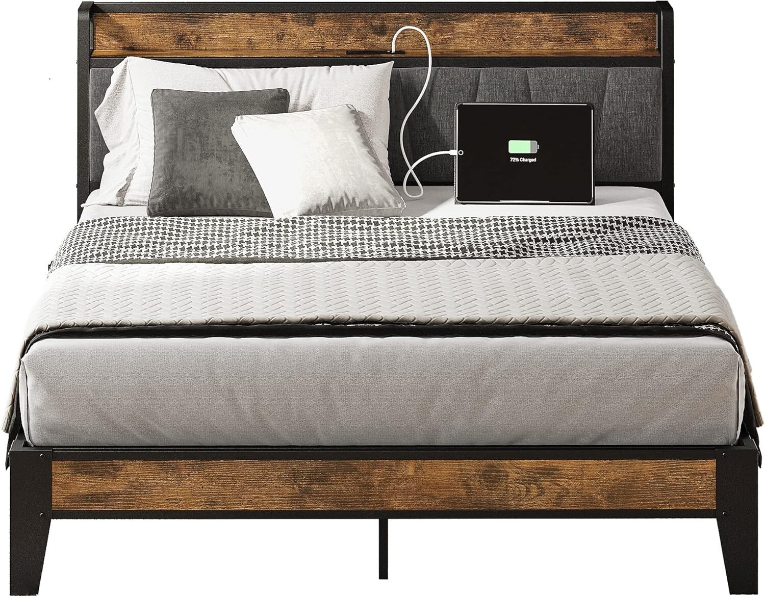 Durable Full Bed Frame with Noise-Free Storage Headboard & USB Charging Ports