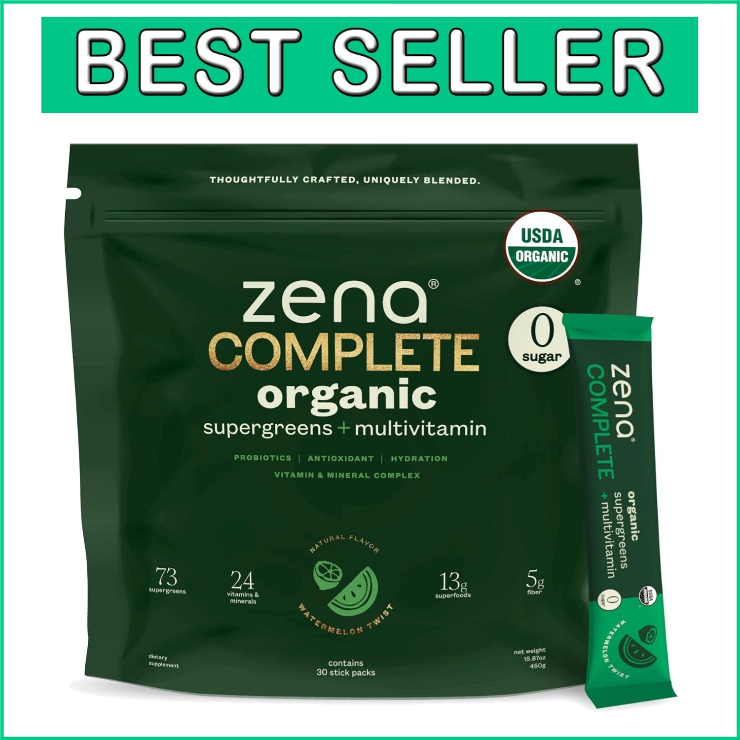 Zena Organic Super Greens Powder - 90+ Vitamins & Fiber, Watermelon Citrus Flav