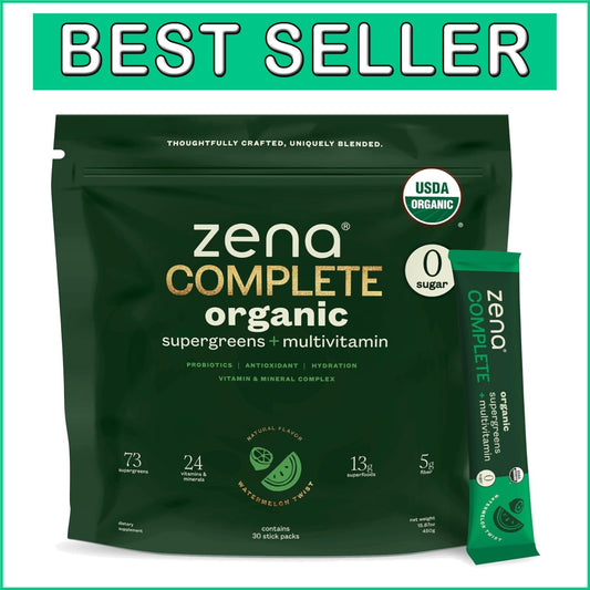 Zena Organic Super Greens Powder - 90+ Vitamins & Fiber, Watermelon Citrus Flav