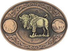 Load image into Gallery viewer, Montana-Made Gunmetal Cowboy Belt Buckle with Copper Buffalo Design