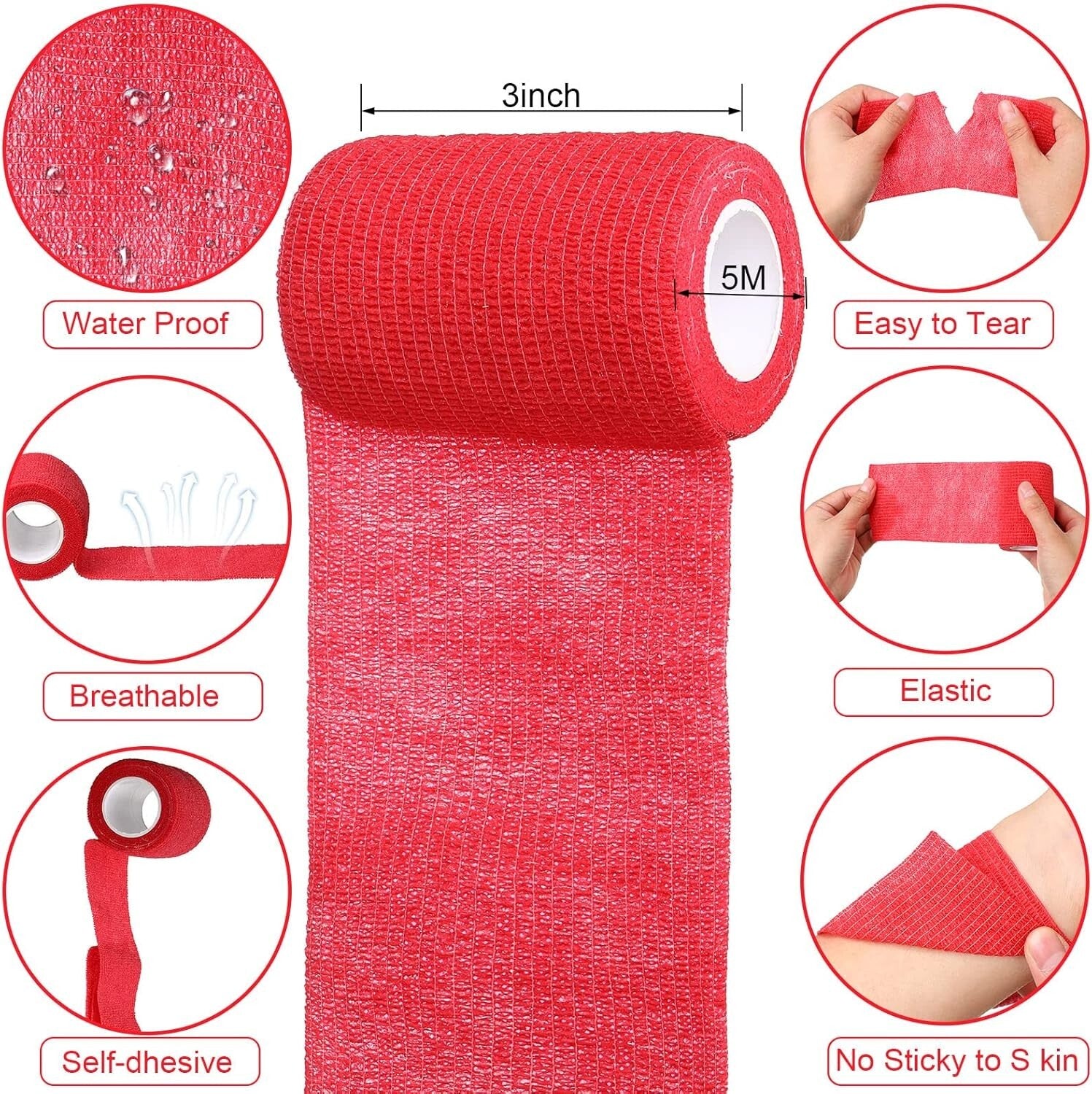 48 Pack Self-Adhesive Sports Bandage Wraps - 3” x 5 Yards, Breathable & Elastic