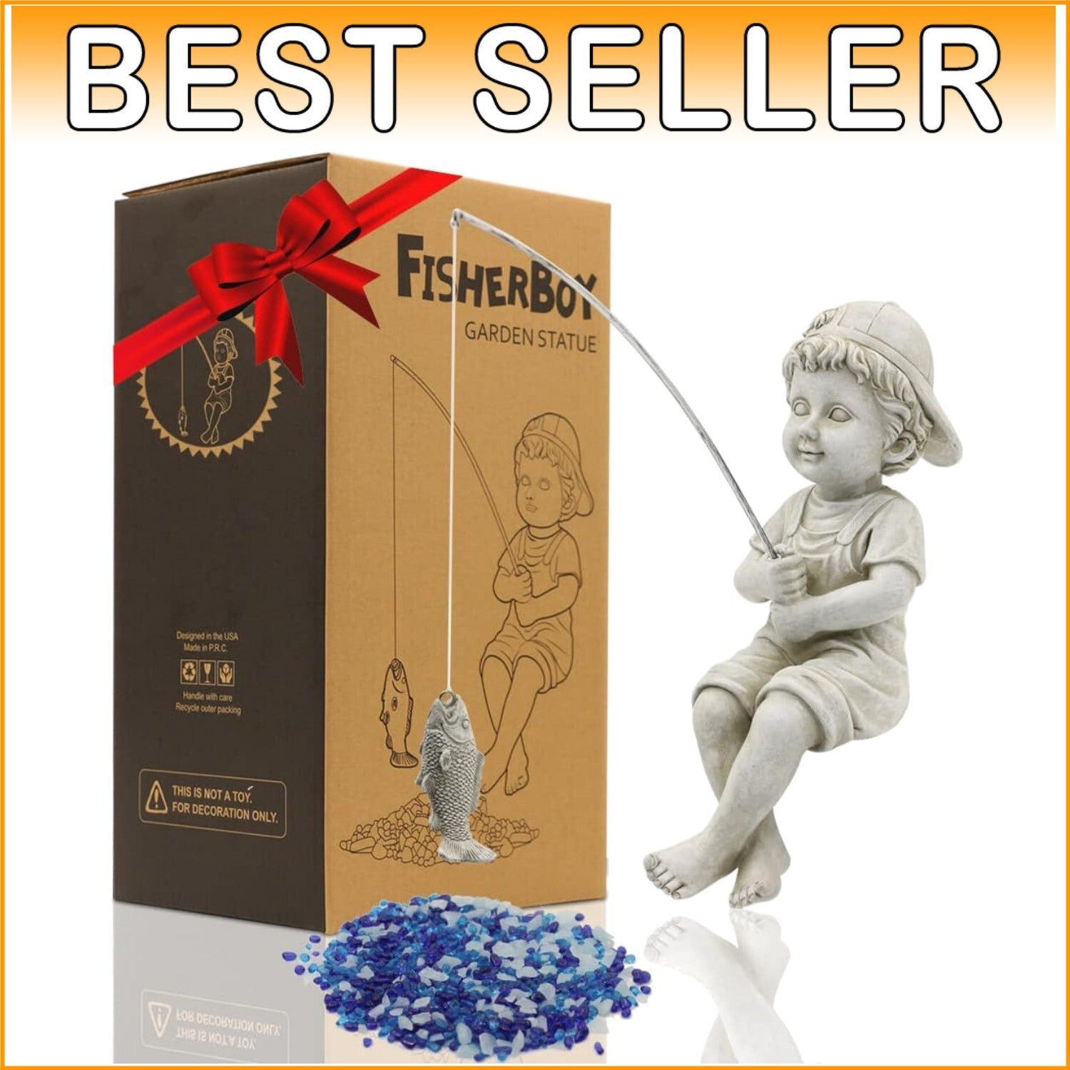 11-Inch Handcrafted Fisherboy Statue with Glow Pebbles - Perfect Garden Decor