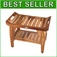Load image into Gallery viewer, 24-Inch Teak Wood Waterproof Shower Bench with Storage Shelf &amp; Adjustable Feet