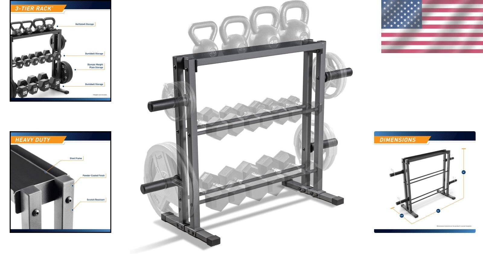 Elegantly Designed 3-Tier Weight Rack with Rubber Caps for Home Fitness