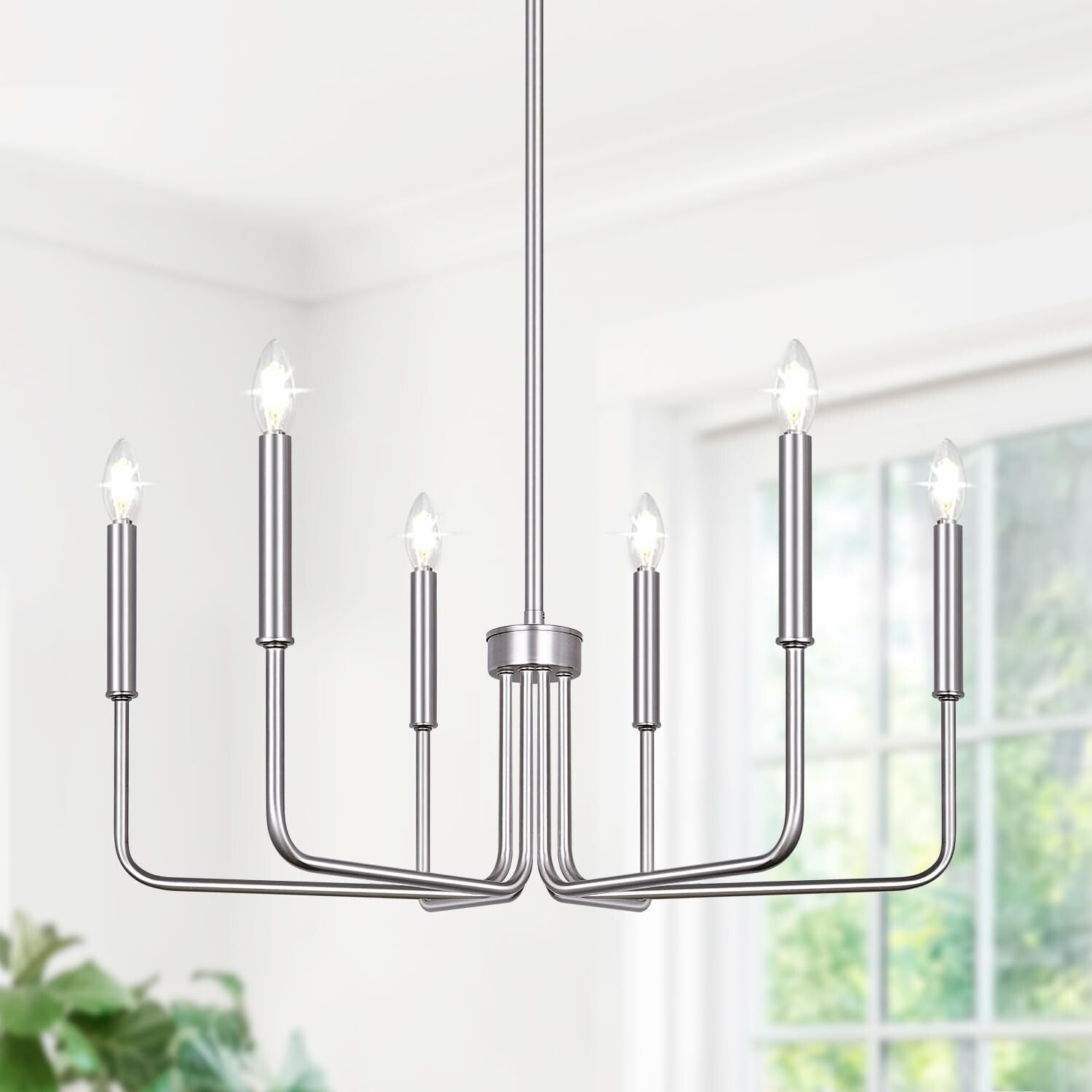 Adjustable Height 6-Light Brushed Nickel Chandelier - Modern Farmhouse Style
