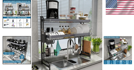 3-Tier Adjustable Over Sink Dish Drying Rack - Stainless Steel Storage Solution