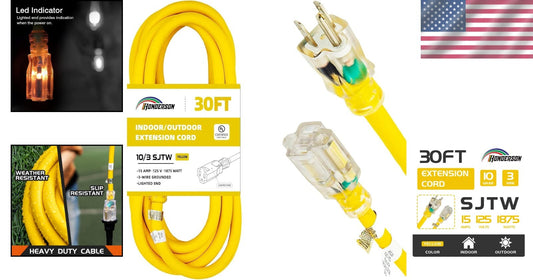 10 Gauge 30FT Outdoor Extension Cord - UL Listed with Light Indicator for Safety