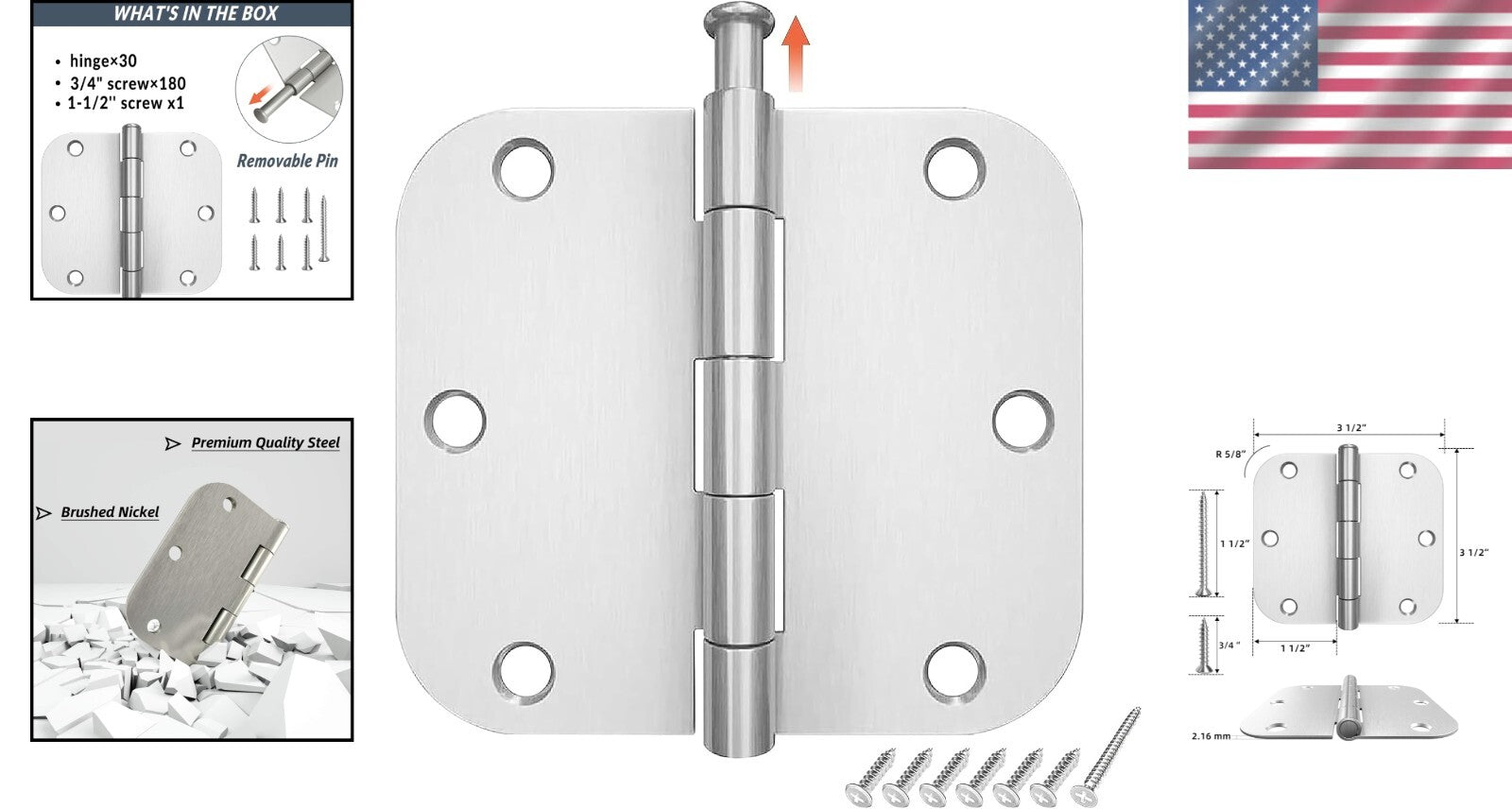 Classic Brushed Nickel 30 Pack Door Hinges 3.5" x 3.5" with Removable Pins
