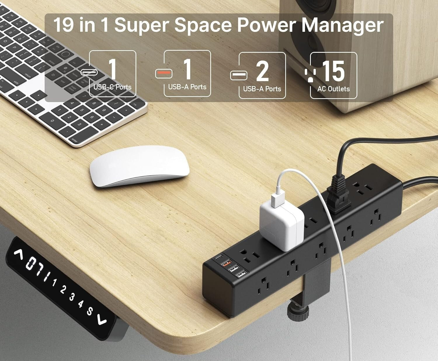 Surge-Protected Desk Clamp Power Strip with 15 Outlets - Ideal for Home Office