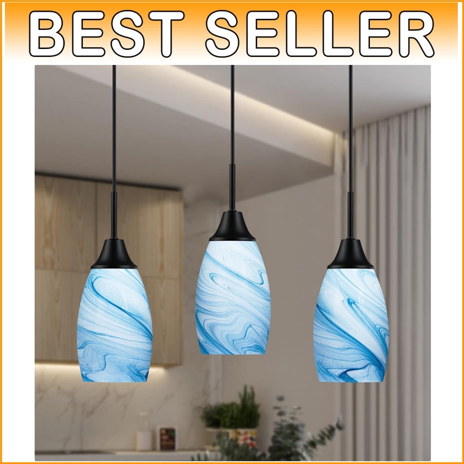 Elegant Blue Marble Art Glass Pendant Lighting - 3-Pack Adjustable Fixtures