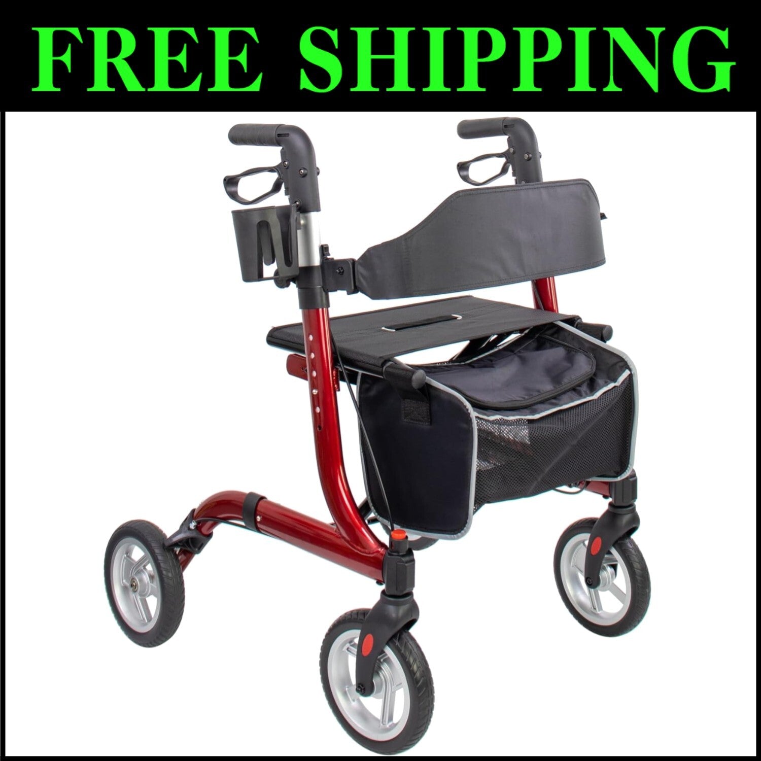 Lightweight Rollator Walker for Seniors - Folding Aluminum Frame with Cup Holder