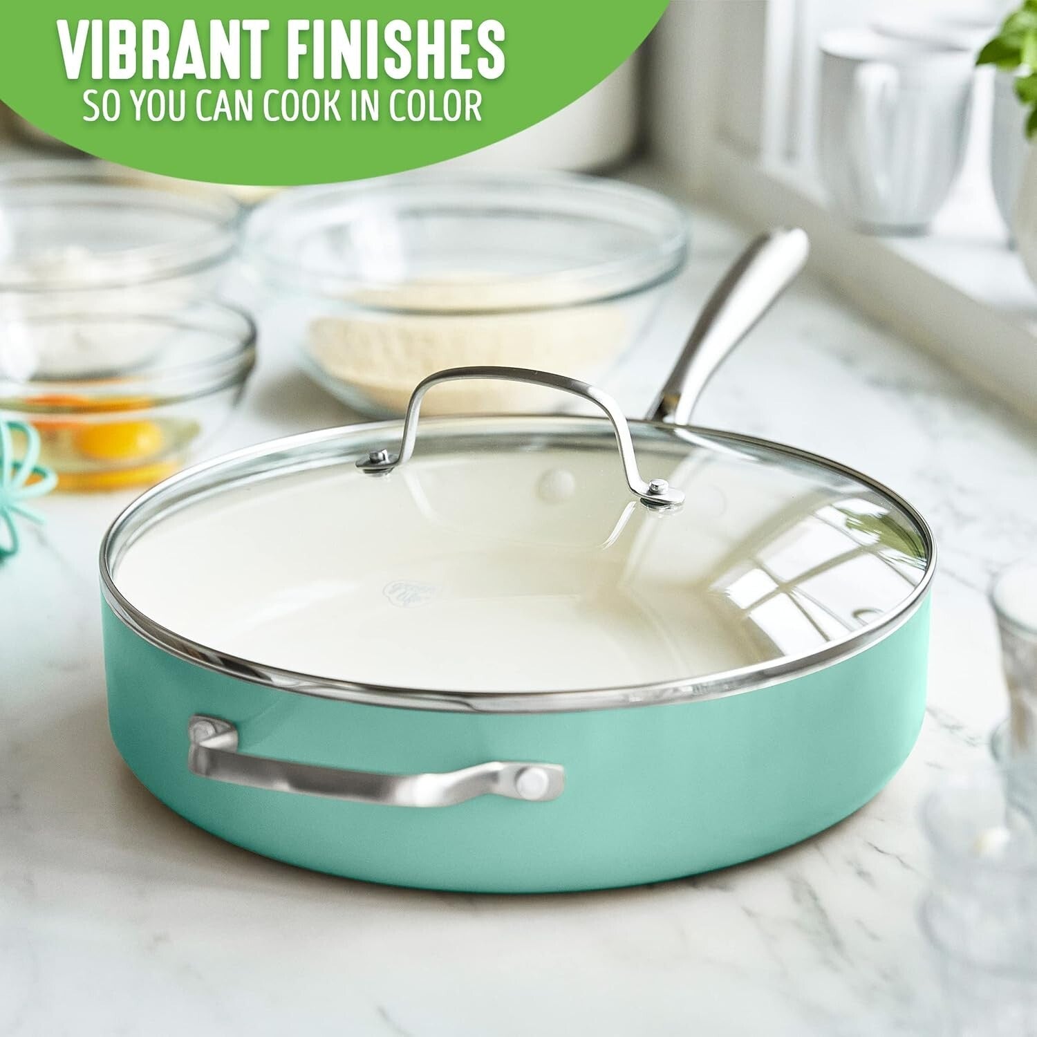 Elegant Turquoise 5QT Ceramic Nonstick Saute Pan with Stainless Steel Handle