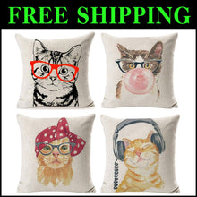 Load image into Gallery viewer, Creative Cat-Themed Decorative Pillow Covers, 4 Pack 18" x 18" Zippered Design
