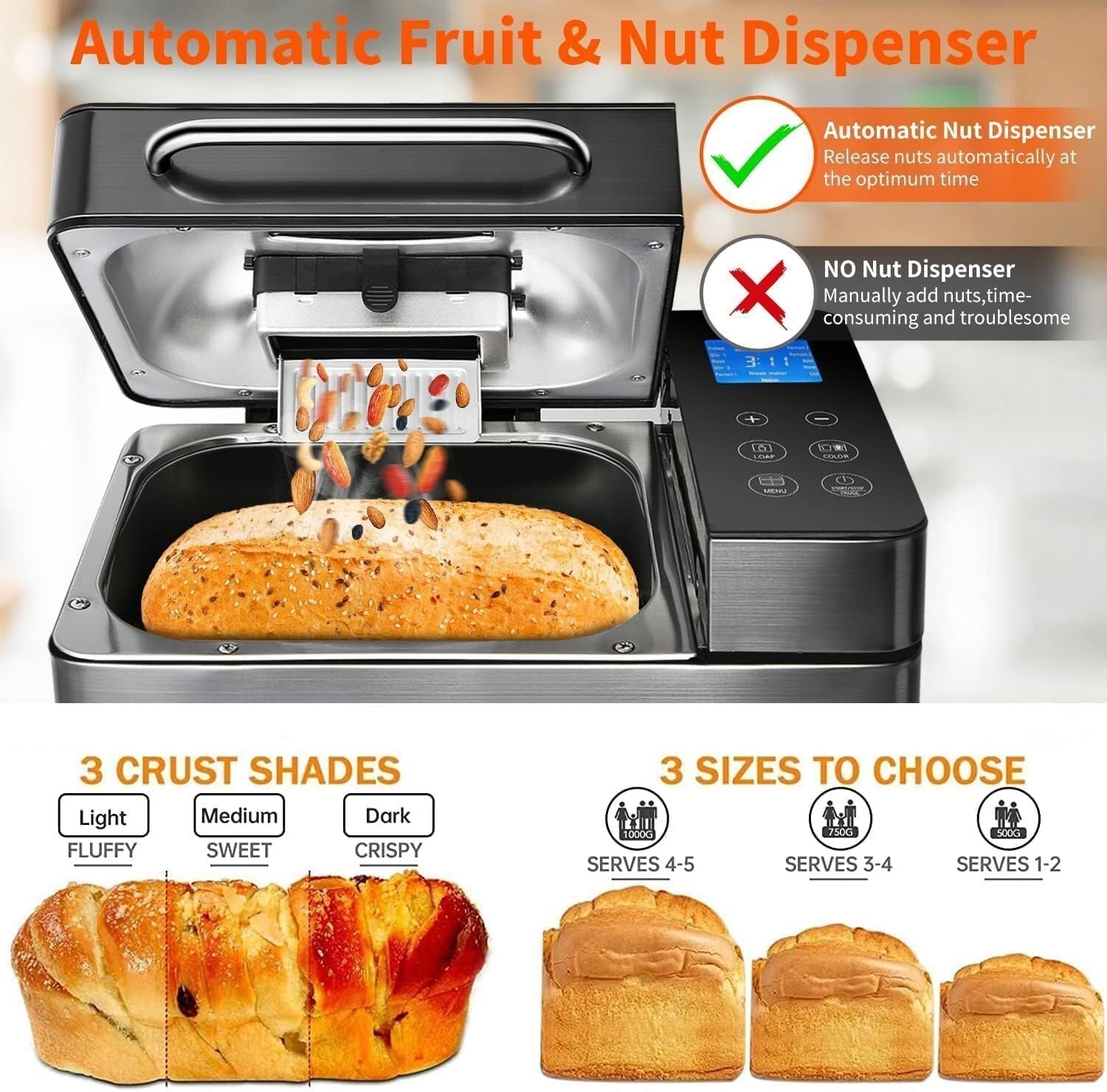 17-in-1 Stainless Steel Bread Maker with Dual Heaters & Auto Nut Dispenser