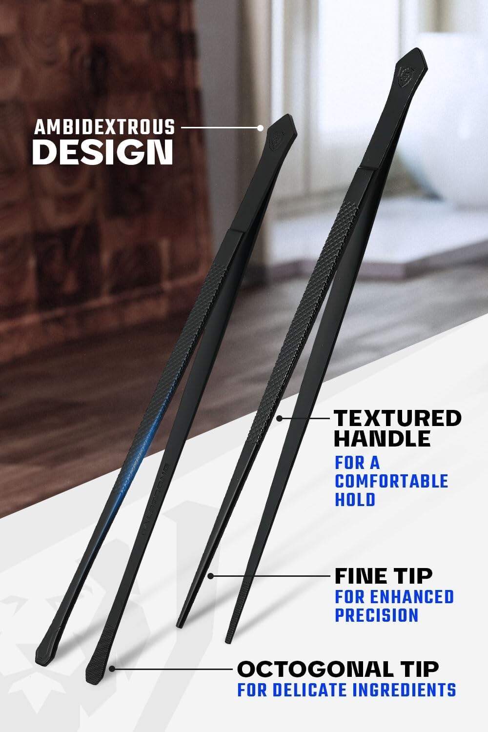 Compact 2-Piece Culinary Tongs Set - Black Titanium & Stainless Steel Tweezers