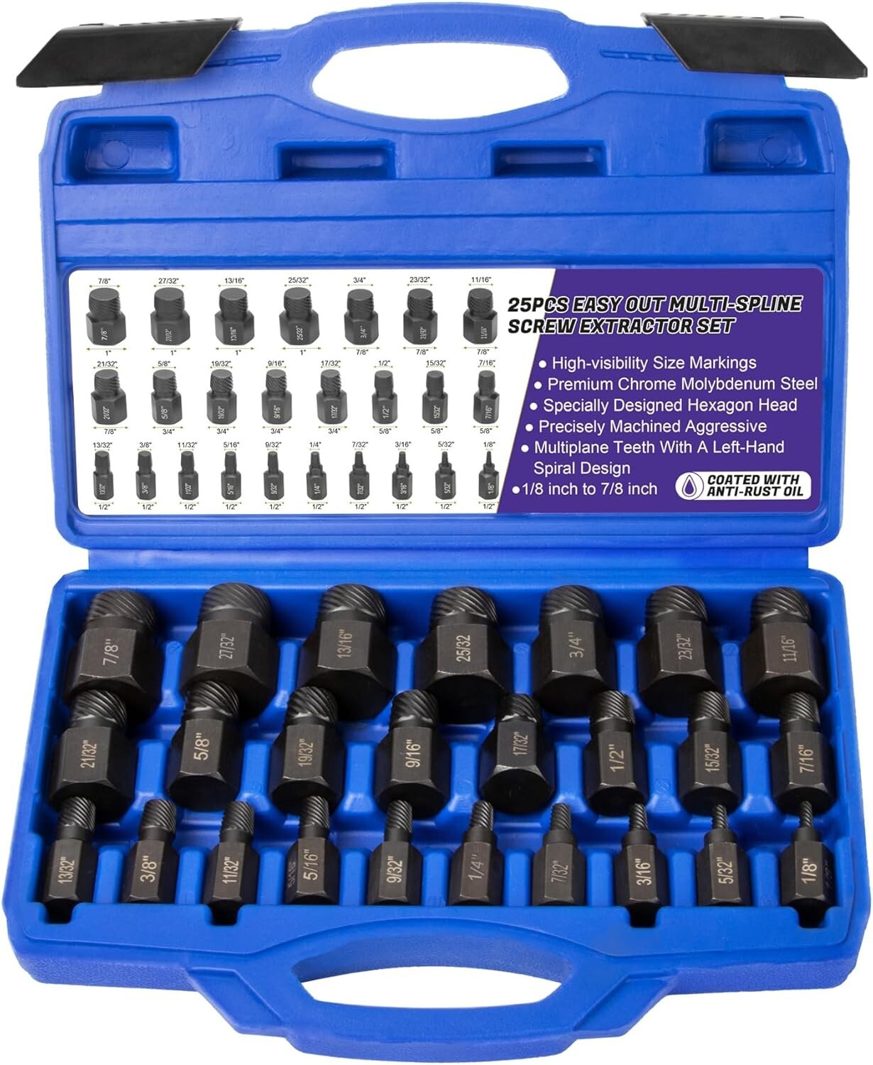 Durable 25-Piece Screw Extractor Set with Blow Molded Case – Lifetime Guarantee