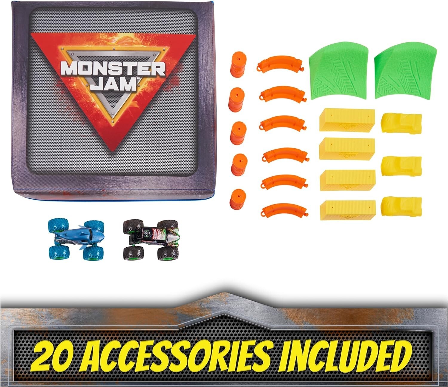 Deluxe Monster Truck Arena Playmat with 2 Exclusive Trucks & 20 Fun Pieces