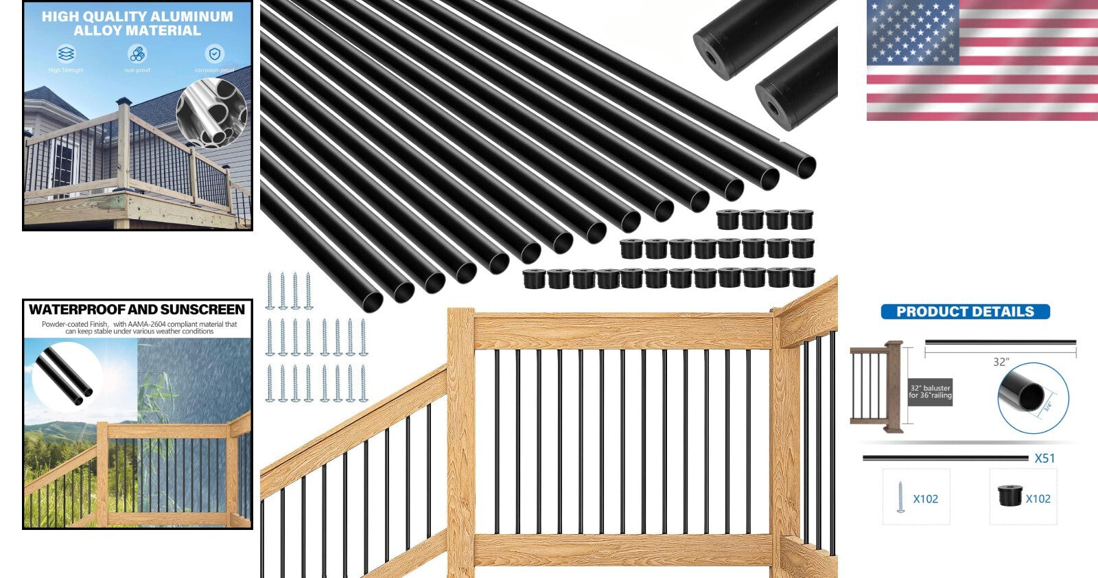 51-Pack 32" Rust-Resistant Aluminum Deck Balusters for Elegant Outdoor Railings