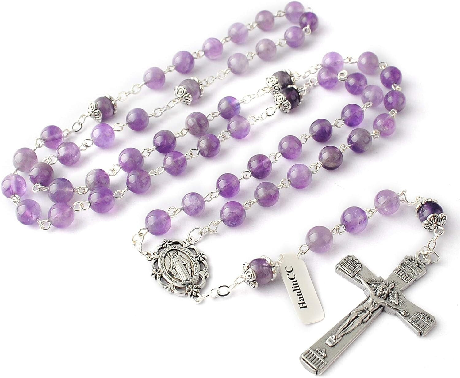 Luxury Amethyst Crystal Rosary Necklace with Detailed Engravings & Faux-Silver