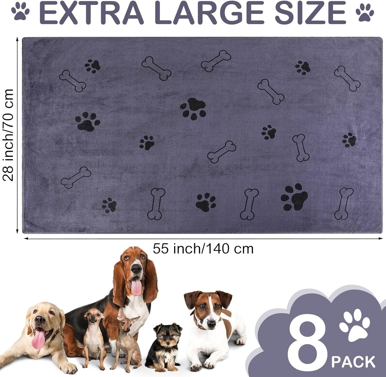 Soft & Quick-Drying Pet Towels - 8 Pack Microfiber Towels for Dogs, 55 x 28 Inch