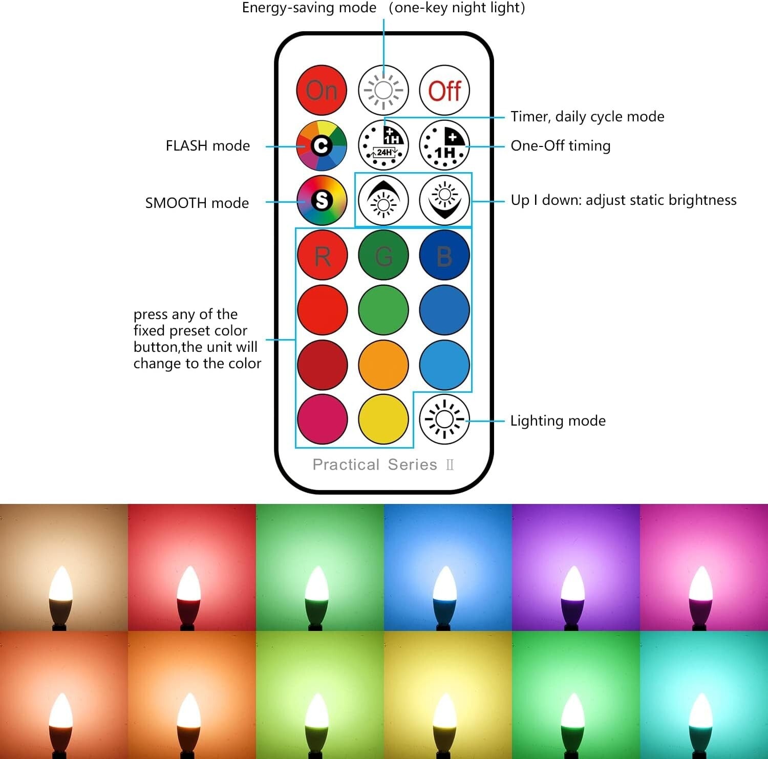 12-Pack Color Changing E12 LED Candelabra Bulbs with Remote Control - 560 Lumens